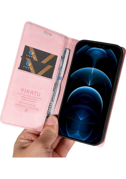 iPhone 13 Pro Için Cüzdan Kılıf Darbeye Dayanıklı Litchi Dokulu Deri Telefon Kapağı-Pembe (Yurt Dışından)