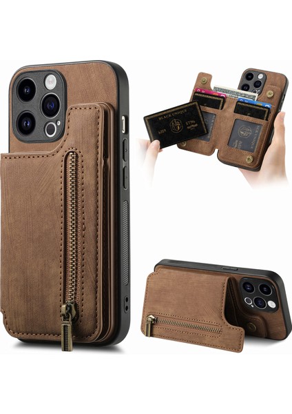 iPhone 13 Pro Için 6.1 Inç Kılıf Fermuarlı Cebi Kickstand Pu Deri + Tpu Anti-Damla Telefon Kapağı-Kahverengi (Yurt Dışından)