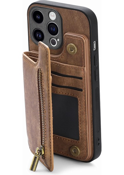 iPhone 13 Pro Için 6.1 Inç Kılıf Fermuarlı Cebi Kickstand Pu Deri + Tpu Anti-Damla Telefon Kapağı-Kahverengi (Yurt Dışından)