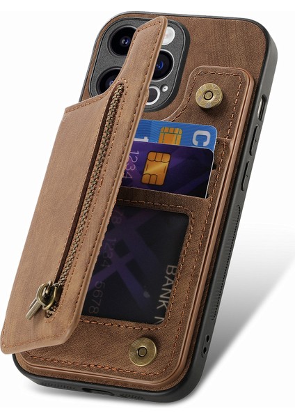 iPhone 13 Pro Için 6.1 Inç Kılıf Fermuarlı Cebi Kickstand Pu Deri + Tpu Anti-Damla Telefon Kapağı-Kahverengi (Yurt Dışından)