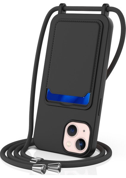 IPhone 14 Plus Kılıfı Kordonlu Sıvı Silikon Darbeye Dayanıklı Telefon Kılıfı-Siyah (Yurt Dışından)