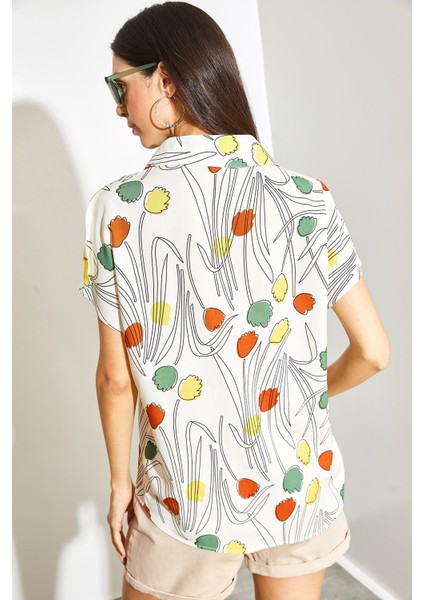 Kadın Multi Desenli Yarasa Kol Keten Gömlek fiyatları