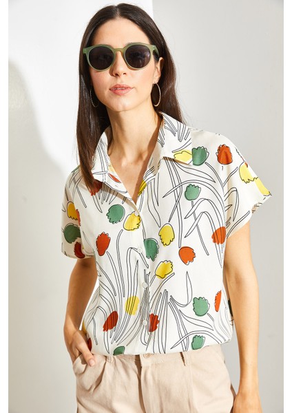 Kadın Multi Desenli Yarasa Kol Keten Gömlek modelleri