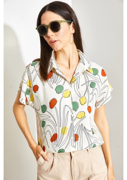 Kadın Multi Desenli Yarasa Kol Keten Gömlek fırsatları