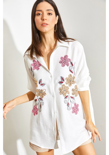 Kadın Pul Payet Nakışlı Sofya Keten Gömlek