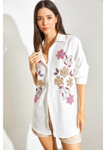 Kadın Pul Payet Nakışlı Sofya Keten Gömlek modelleri