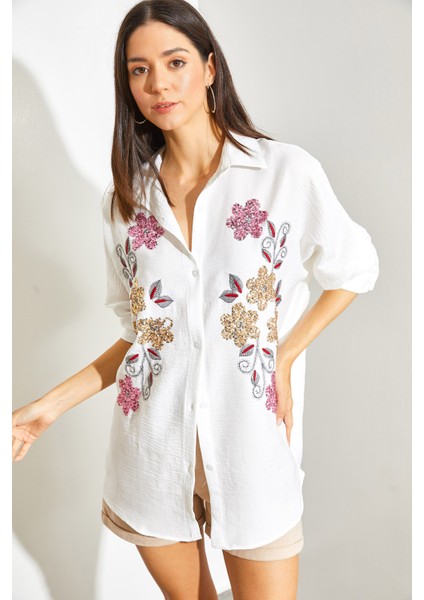 Kadın Pul Payet Nakışlı Sofya Keten Gömlek fırsatları