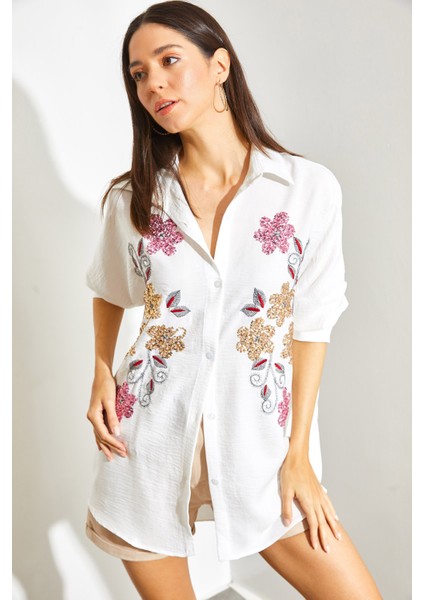 Kadın Pul Payet Nakışlı Sofya Keten Gömlek indirimleri