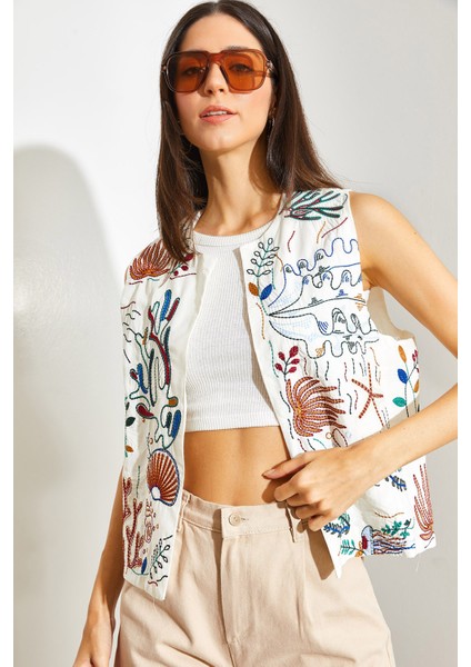 Kadın Nakış Işlemeli Keten Yelek