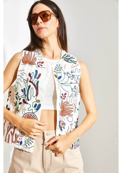 Kadın Nakış Işlemeli Keten Yelek modelleri