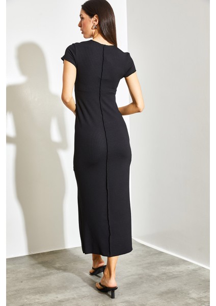 Kadın Bisiklet Yaka Yırtmaç Detaylı Maxi Boy Elbise fiyatları