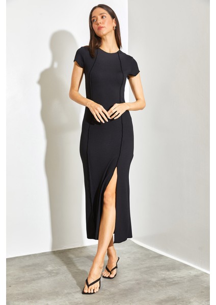 Kadın Bisiklet Yaka Yırtmaç Detaylı Maxi Boy Elbise fırsatları