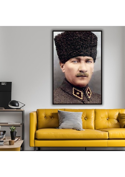 Metal Çerçeveli Temperli Cam Tablo Portre Kalpaklı Atatürk