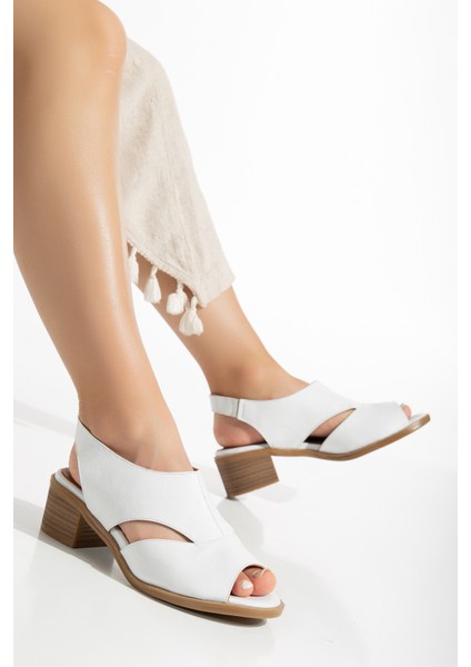 Kadın Hakiki Deri Topuklu Sandalet 2322 Sandalet Beyaz 40