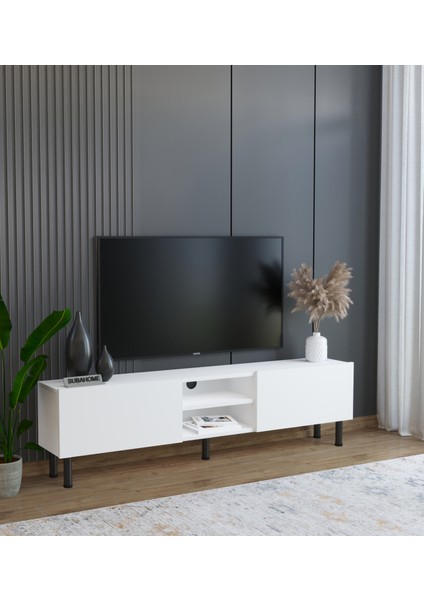 Suba Home Minimalist 160 cm Düşme Kapaklı Demir Ayaklı Mdf Beyaz Tv Ünitesi - Ideal Ebatlarla Modern Tasarım