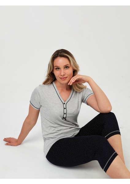 Kadın Gri Lacivert Kaprili Angelina Bayan Bambu-Bermuda Pijama Takımı 4781 fırsatları