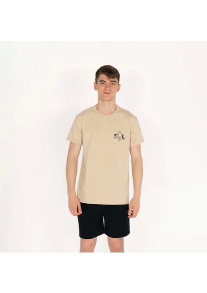 Slimfit Sql Logo Baskılı Erkek Bej T-Shirt