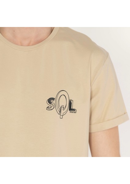 Slimfit Sql Logo Baskılı Erkek Bej T-Shirt