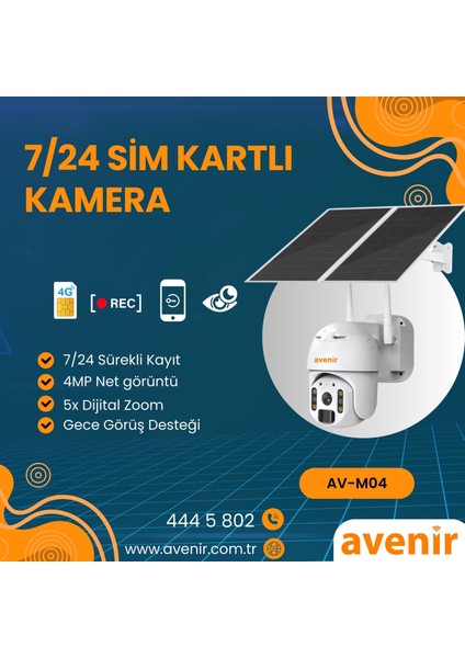 AV-M04 Sim Kartlı 4g Solar Panelli 7/24 Sürekli Kayıt Gece Görüşlü Akıllı Kamera