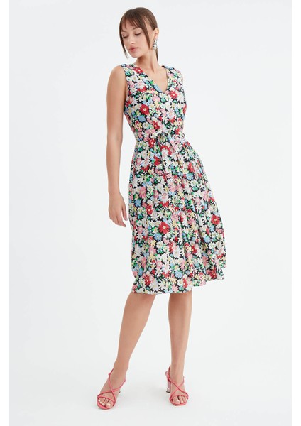 Çiçek Desen Pileli Midi Boy Elbise modelleri