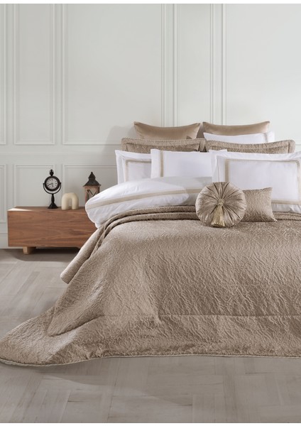 Jakarlı Elyaflı Yatak Örtüsü Takımı Bej - Katrina