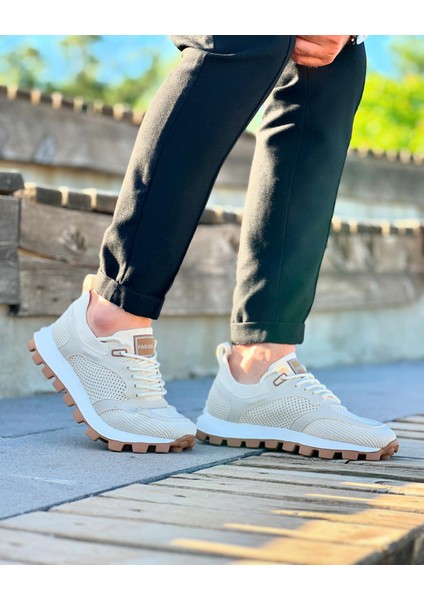 BEİGE AROK LİNEN 0398 HAKİKİ DERİ VE HASIR KETEN ERKEK SNEAKER BEJ