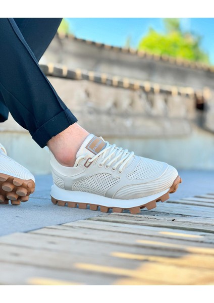BEİGE AROK LİNEN 0398 HAKİKİ DERİ VE HASIR KETEN ERKEK SNEAKER BEJ