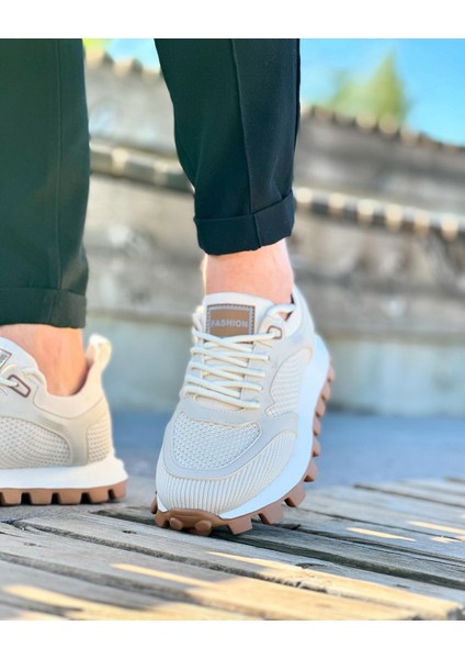 BEİGE AROK LİNEN 0398 HAKİKİ DERİ VE HASIR KETEN ERKEK SNEAKER BEJ