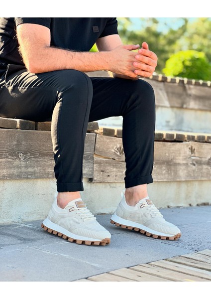 BEİGE AROK LİNEN 0398 HAKİKİ DERİ VE HASIR KETEN ERKEK SNEAKER BEJ