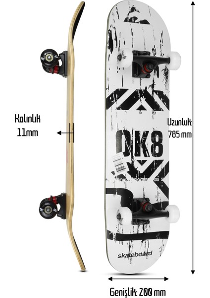 Kemik Teker Kaykay Semi-Pro 8 Katman Yüzey Zımparalı Kaymaz Skateboard 80 cm Ok8