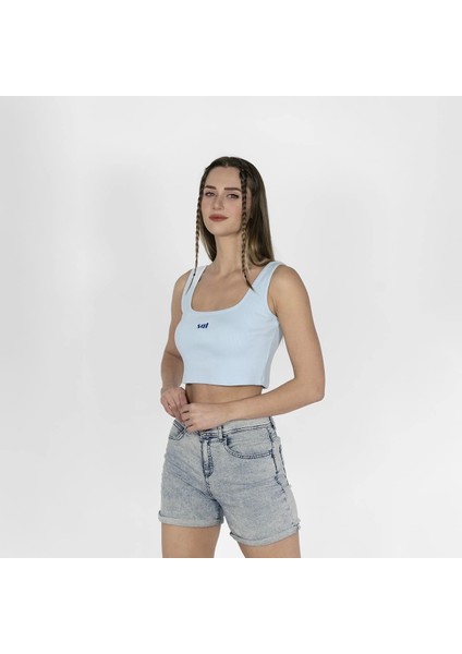 Geniş Askılı Nakışlı Kaşkorse Kadın Açık Mavi Crop fiyatları