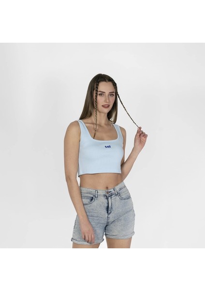 Geniş Askılı Nakışlı Kaşkorse Kadın Açık Mavi Crop modelleri