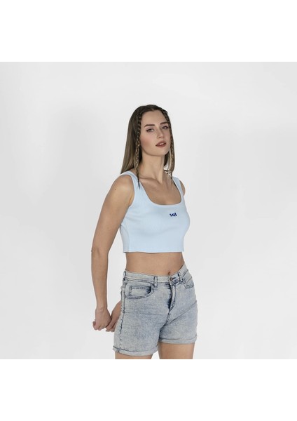 Geniş Askılı Nakışlı Kaşkorse Kadın Açık Mavi Crop fırsatları