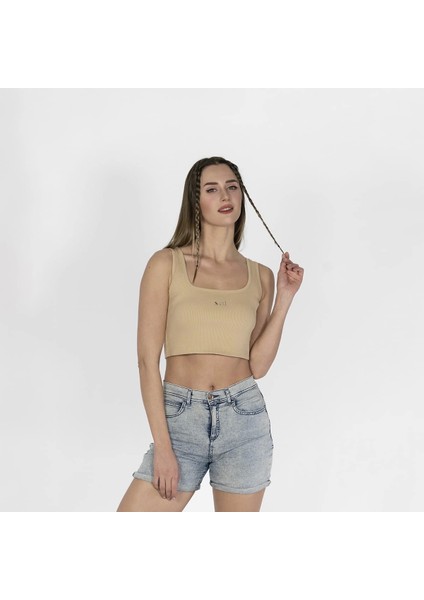 Geniş Askılı Nakışlı Kaşkorse Kadın Bej Crop