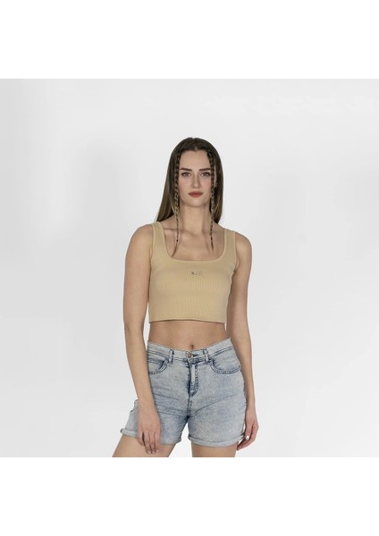 Geniş Askılı Nakışlı Kaşkorse Kadın Bej Crop