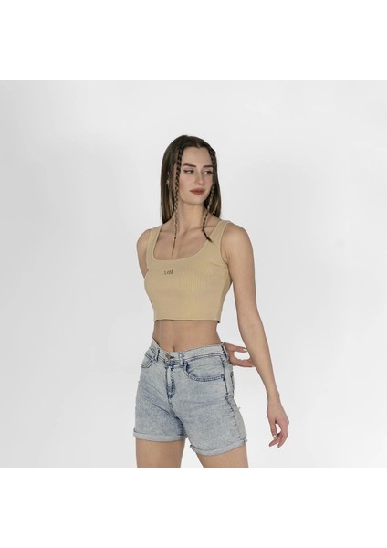 Geniş Askılı Nakışlı Kaşkorse Kadın Bej Crop