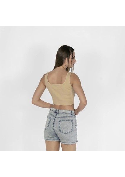 Geniş Askılı Nakışlı Kaşkorse Kadın Bej Crop