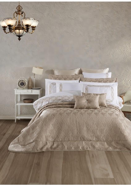 Jakarlı Elyaflı Yatak Örtüsü Takımı Bej - Alina