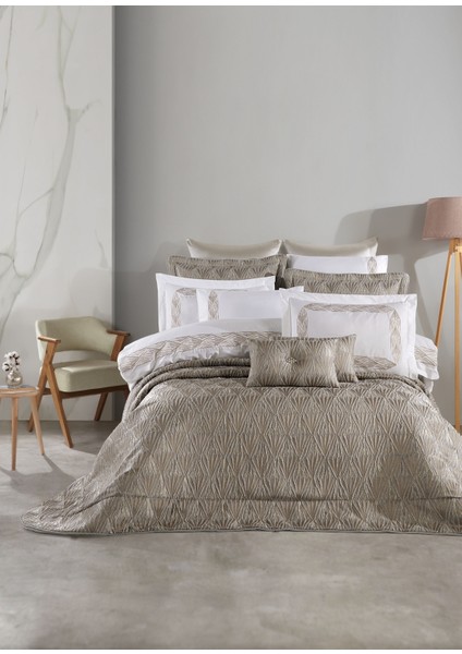 Jakarlı Elyaflı Yatak Örtüsü Takımı Bej - Alina modelleri
