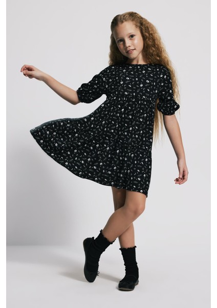 (Kids Girl) Balon Kol Desenli Beyaz Çiçek Desen Elbise modelleri