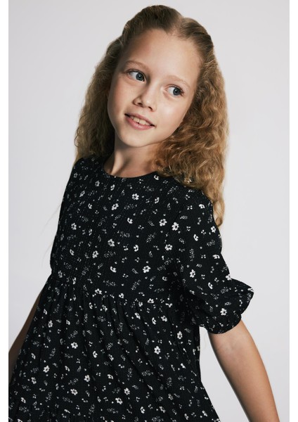 (Kids Girl) Balon Kol Desenli Beyaz Çiçek Desen Elbise indirimleri