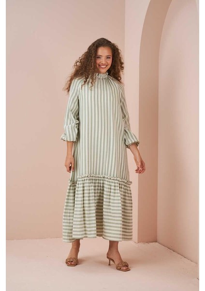 Etek Ucu Fırfırlı Ince Çizgili Müslin Elbise Yeşil fiyatları