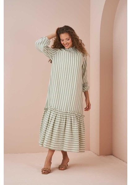 Etek Ucu Fırfırlı Ince Çizgili Müslin Elbise Yeşil fırsatları