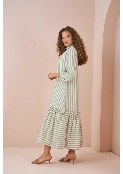 Etek Ucu Fırfırlı Ince Çizgili Müslin Elbise Yeşil indirimleri
