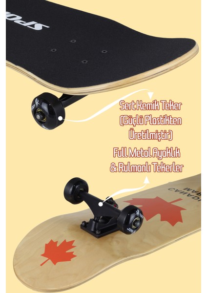 Kemik Teker Kaykay Semi-Pro 8 Katman Yüzey Zımparalı Kaymaz Skateboard 80 cm Canadian Maple