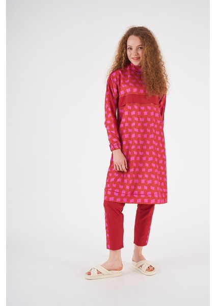 Dalga Desen Tesettür Mayo Kırmızı Uzun