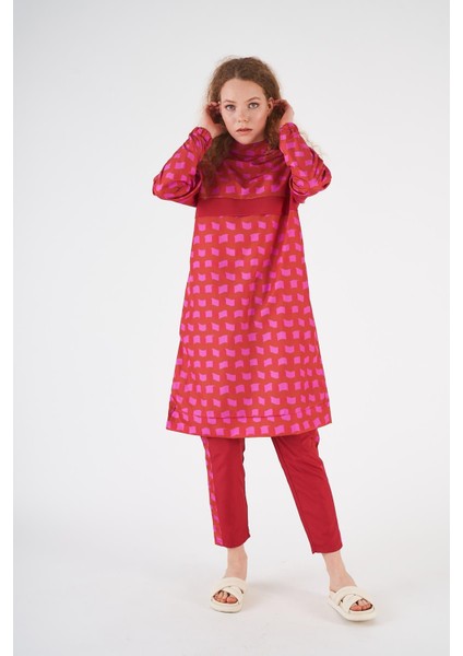 Dalga Desen Tesettür Mayo Kırmızı Uzun fırsatları