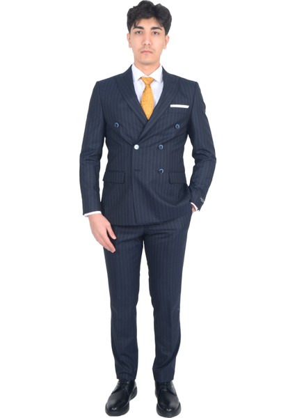 Cengiz Inler Çizgili Desen Kruvaze Erkek Takım Elbise