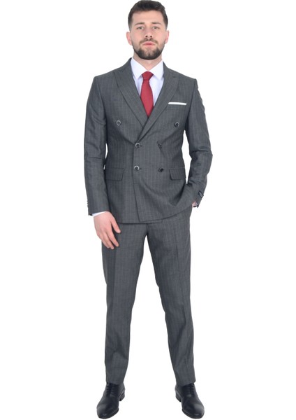 Cengiz Inler Çizgili Desen Kruvaze Erkek Takım Elbise