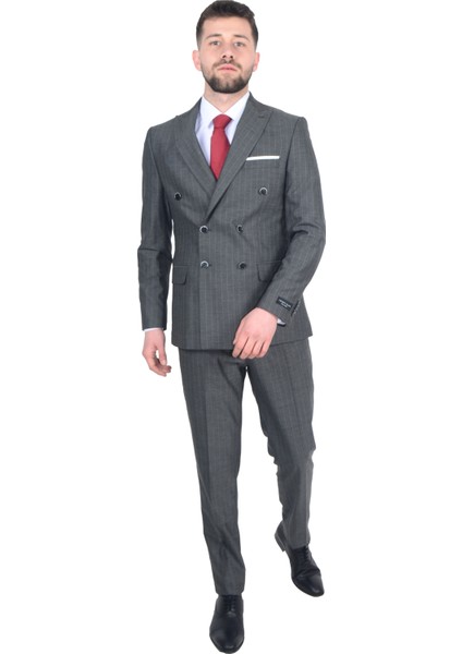 Cengiz Inler Çizgili Desen Kruvaze Erkek Takım Elbise fiyatları